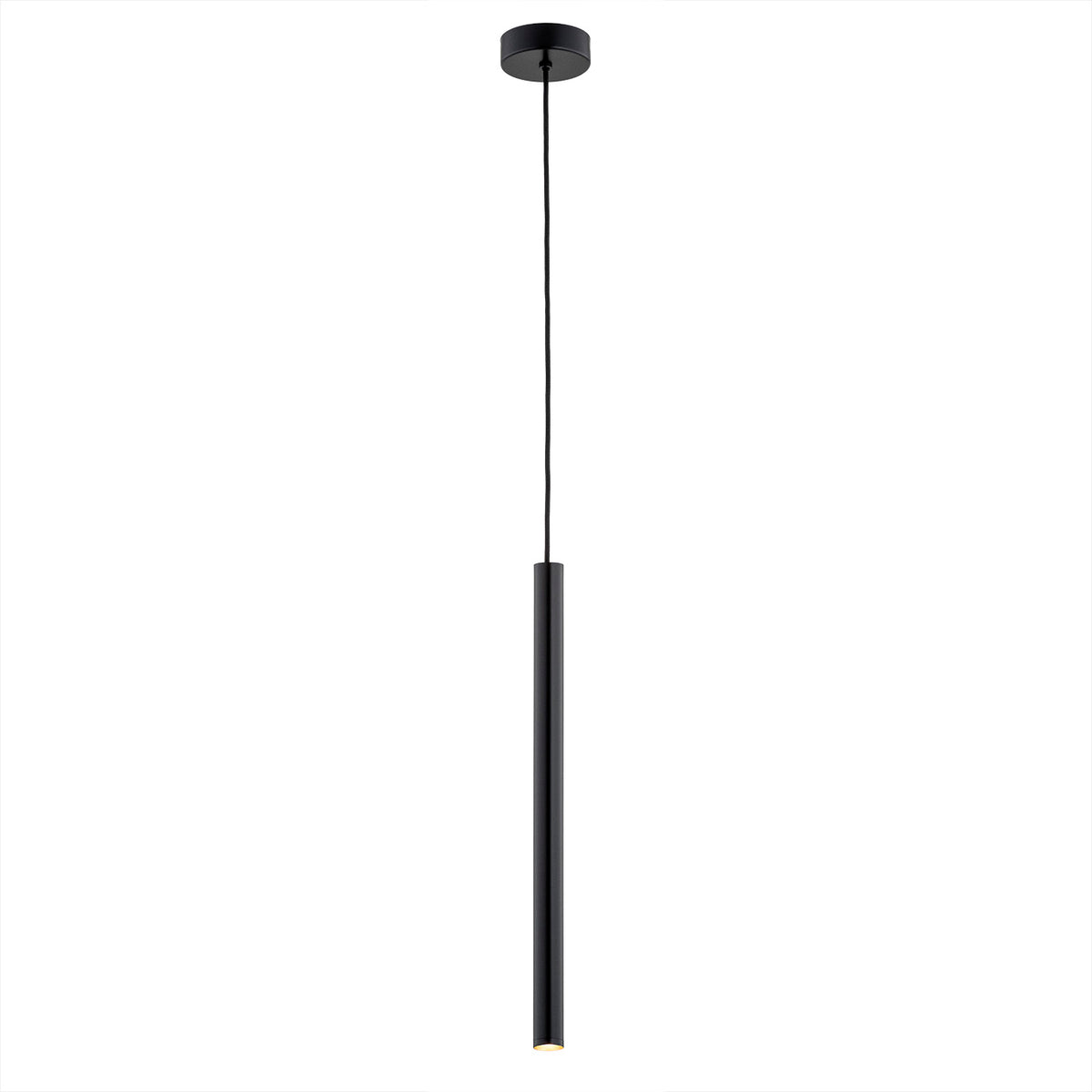 Suspension noire de face avec câble noir et rosace noire fixée au plafond