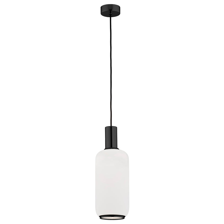 Suspension cylindrique en verre opalin blanc et col noir, vue de face sur fond neutre