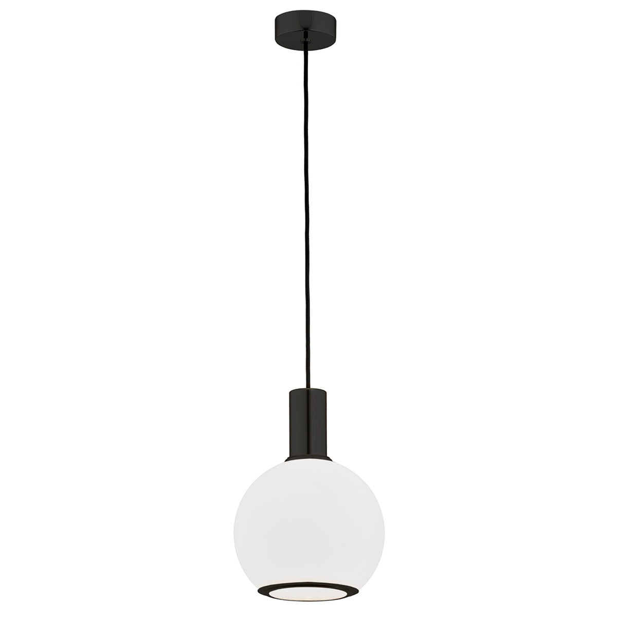Suspension boule en verre opalin blanc, douille et câble noir, sur fond blanc