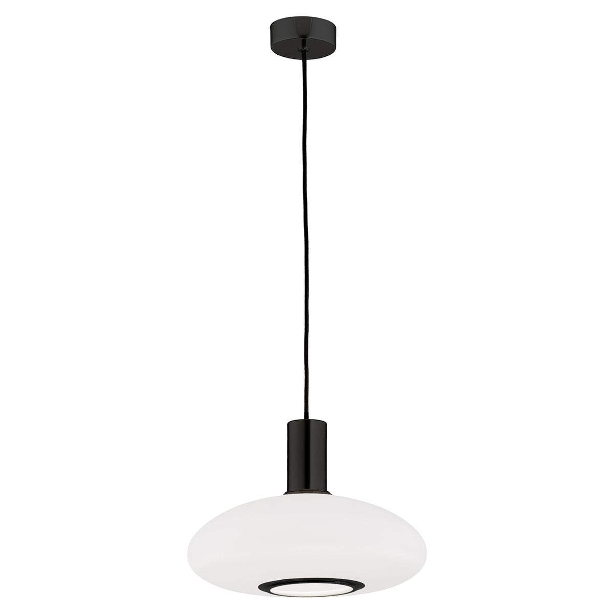 Suspension en forme de galet aplati, verre opalin et support métal noir, vue de face