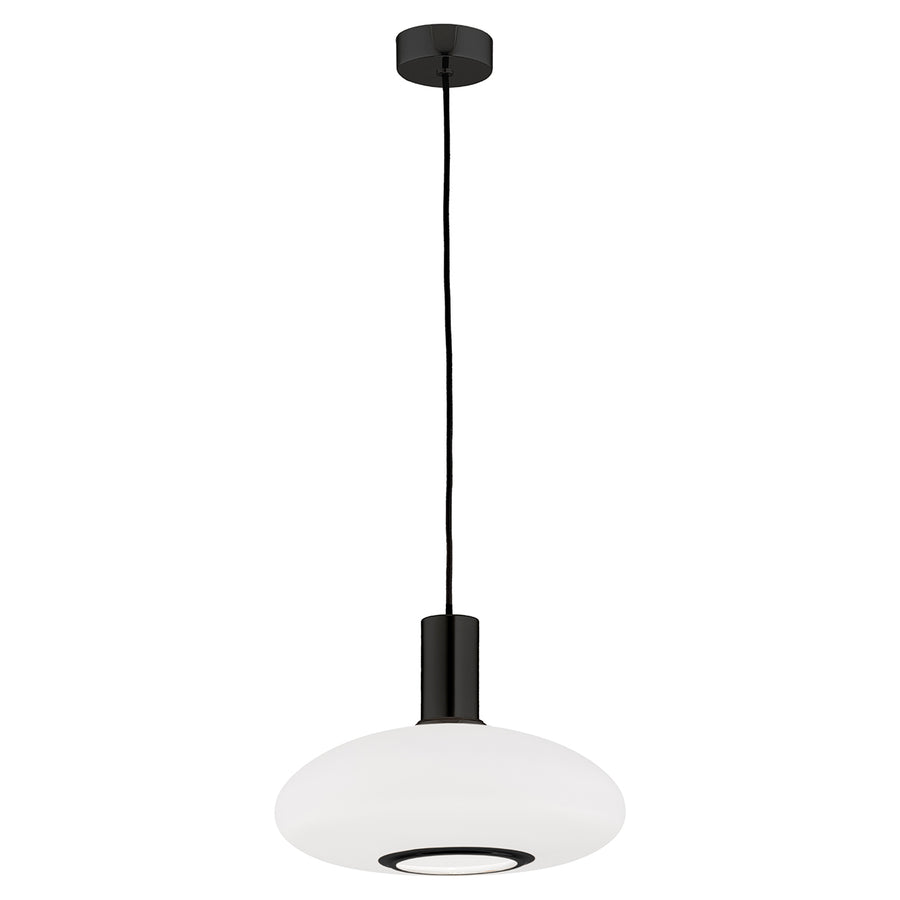 Suspension en forme de galet aplati, verre opalin et support métal noir, vue de face