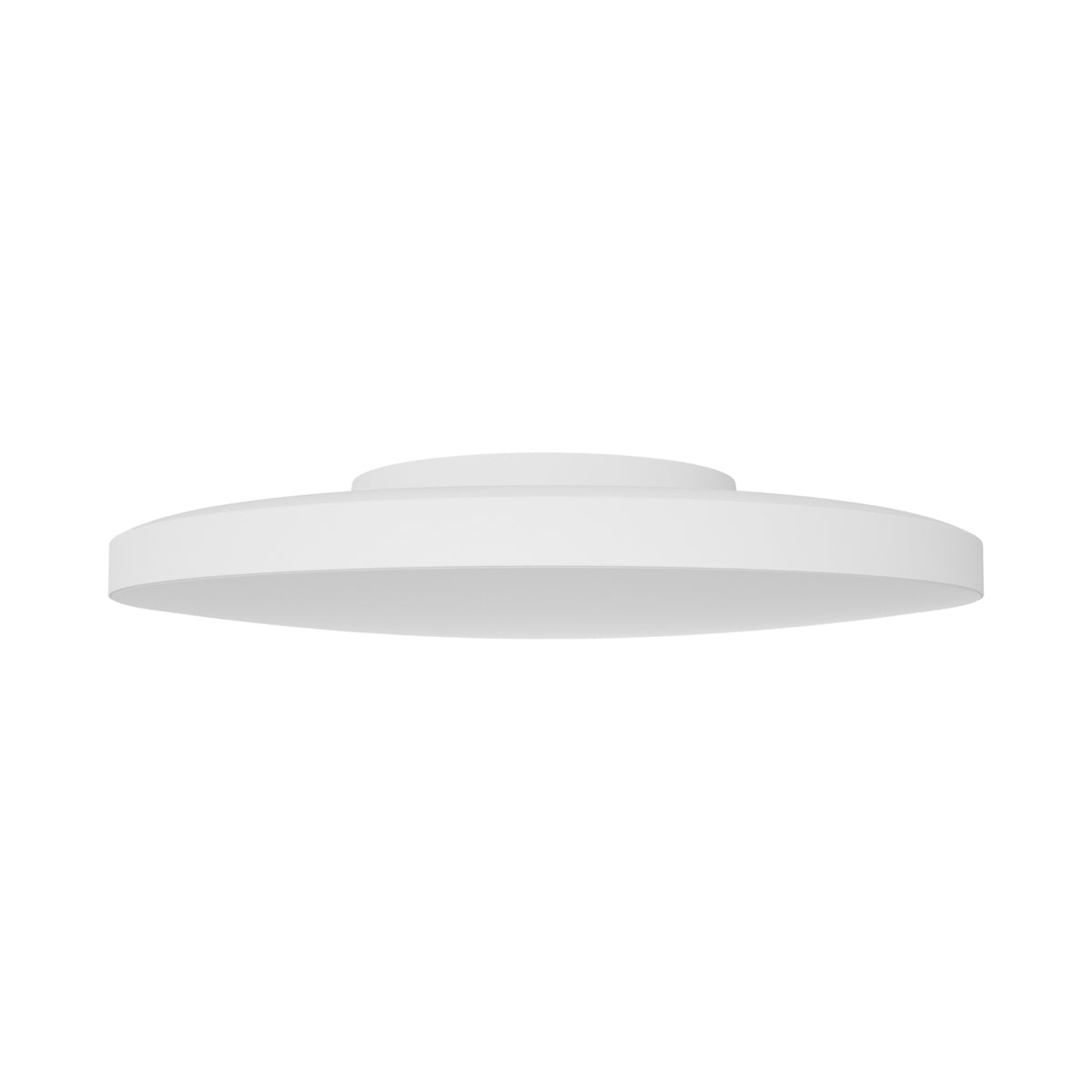 Luminaire éteint vu de dessous, large diffuseur circulaire blanc opaque