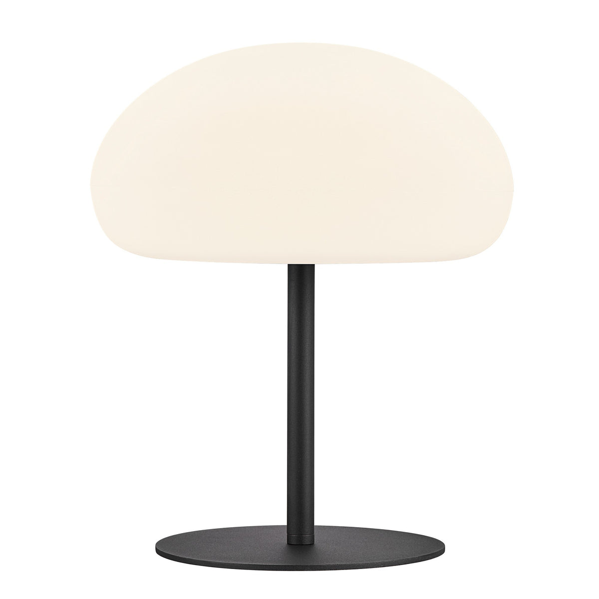 Vue de face du luminaire blanc sur fond neutre, abat-jour dôme et pied noir.