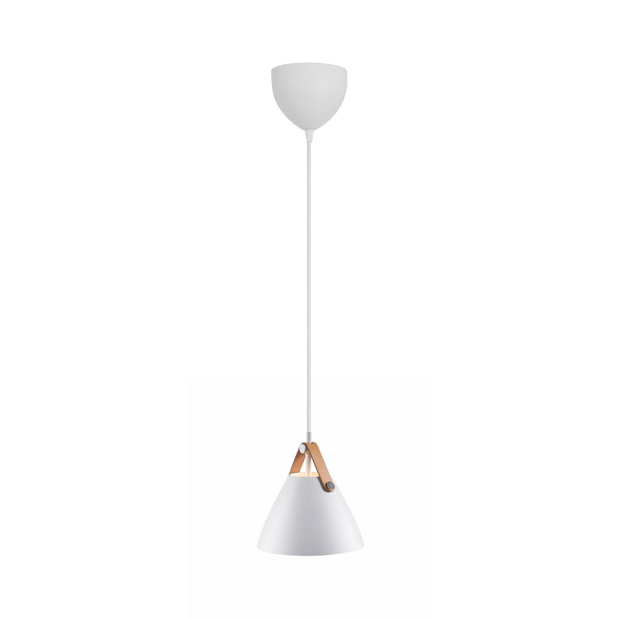 Suspension blanche de face, abat-jour conique et attache en cuir fauve