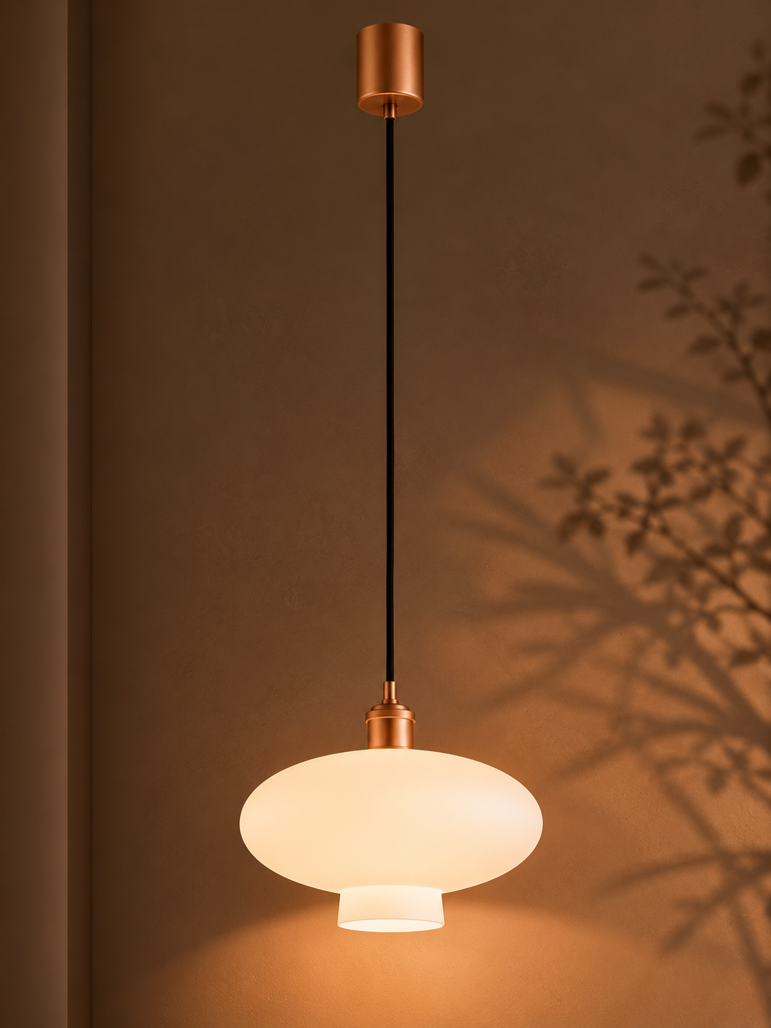 Mise en ambiance chaleureuse, le diffuseur allumé projette des ombres végétales