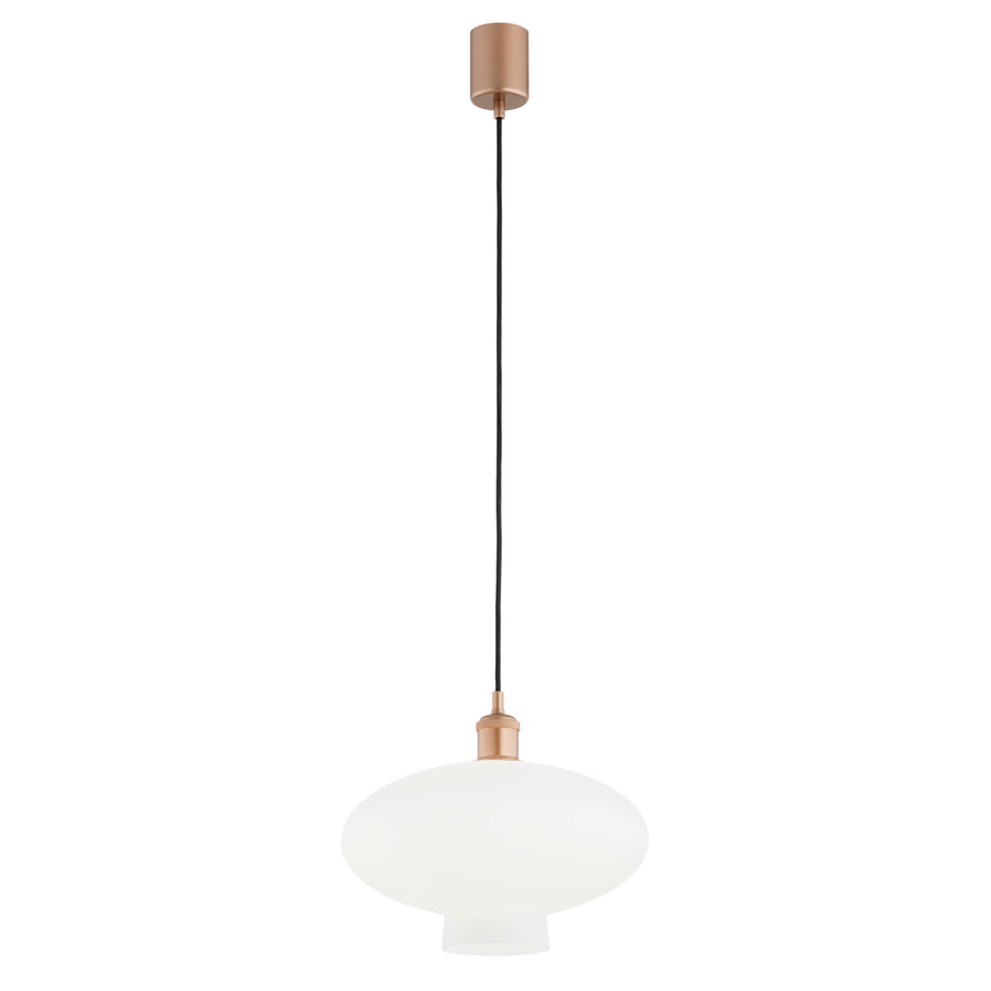 Vue d'ensemble du luminaire suspendu, verre opalin blanc et détails cuivrés