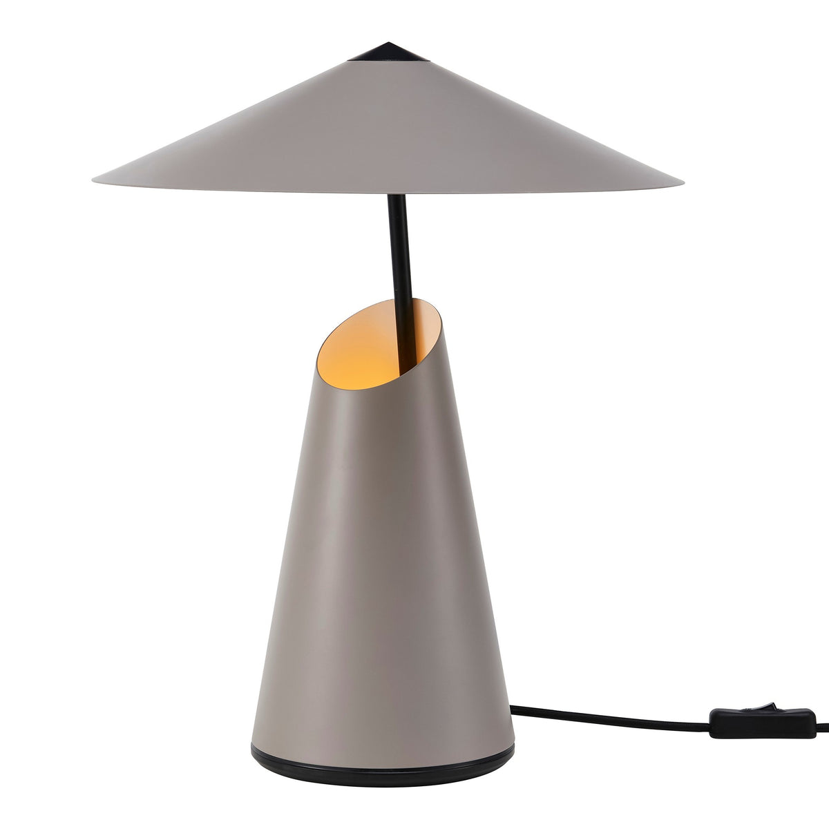 Version taupe mate de la lampe, de face, avec câble et interrupteur noirs