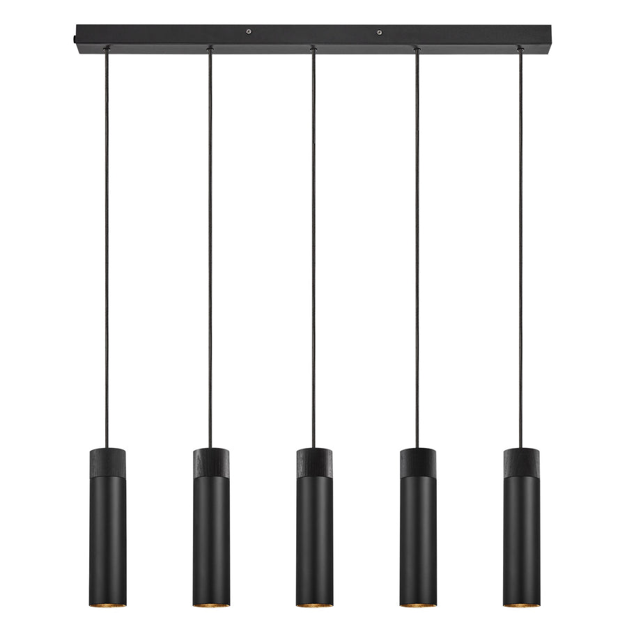 Vue de face de la suspension noire à cinq spots cylindriques suspendus.