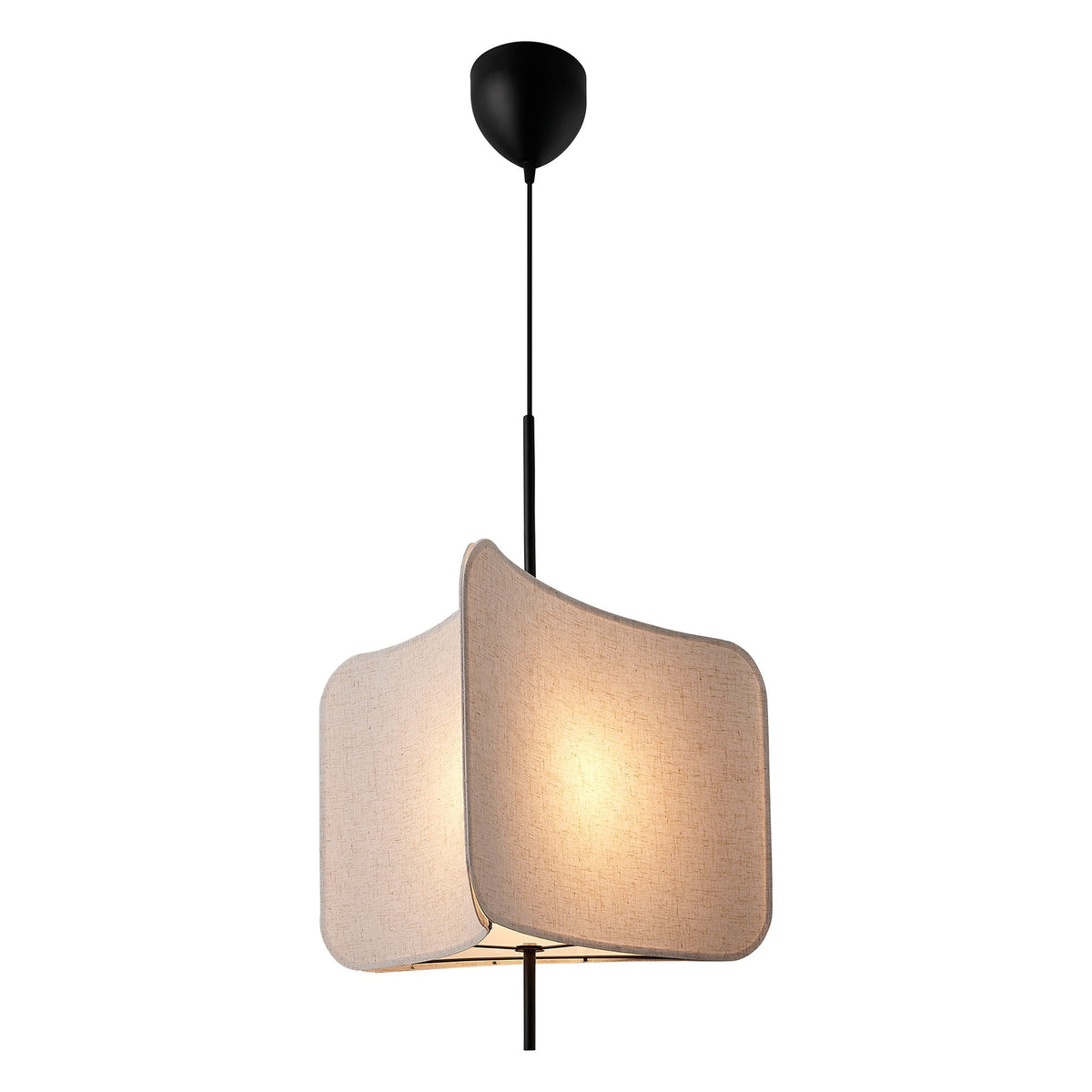Suspension noire à abat-jour carré en tissu beige, allumée sur fond blanc