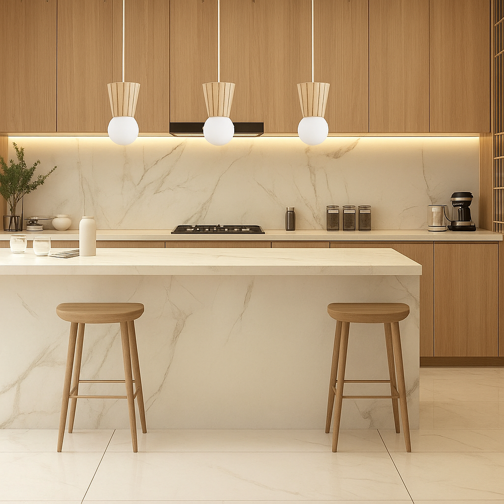 Mise en ambiance cuisine moderne, îlot central surmonté de trois suspensions en bois clair