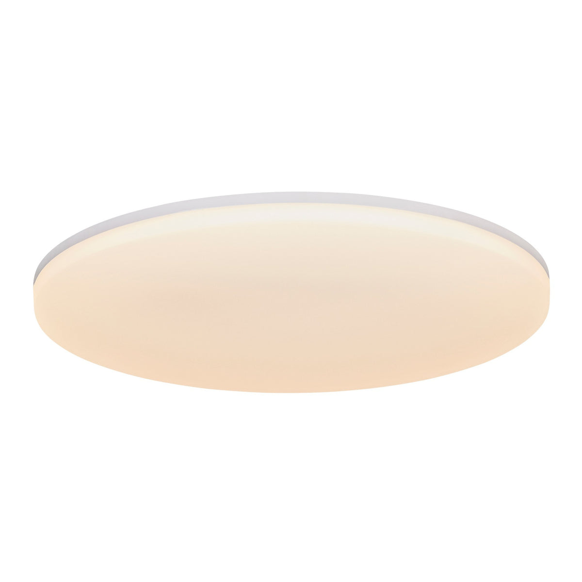 Plafonnier LED rond et blanc vu de biais, allumé en lumière chaude