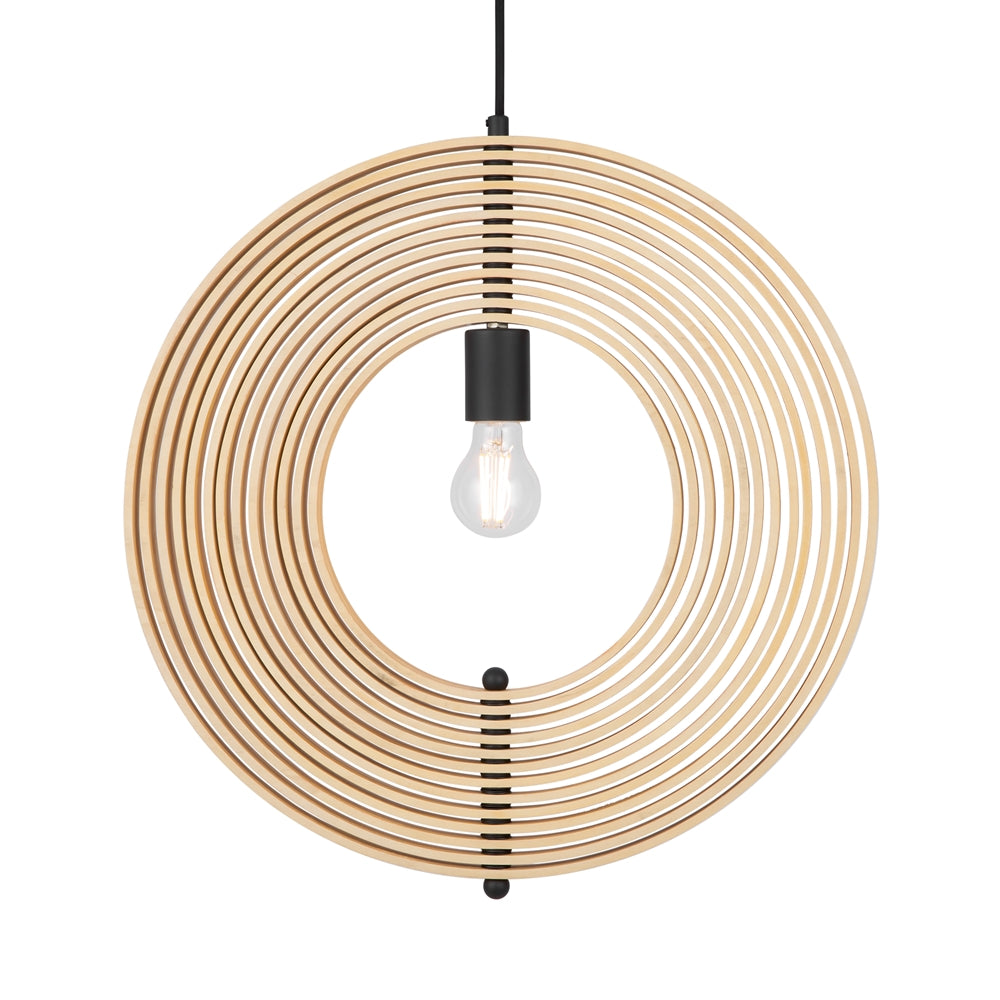 Vue de face des cercles concentriques en bois, ampoule apparente au centre de la structure