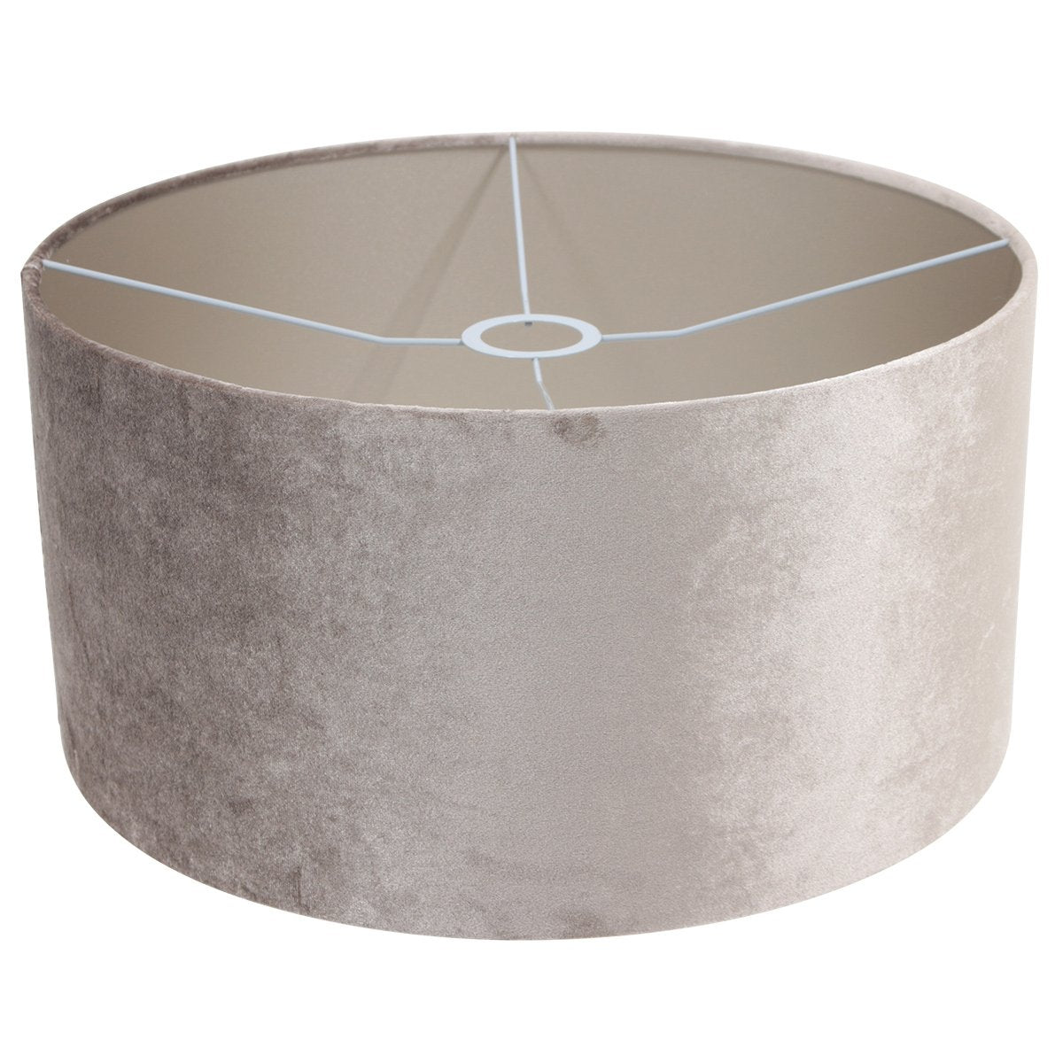 Vue de dessous de l'abat-jour cylindrique gris, armature métallique et intérieur beige.