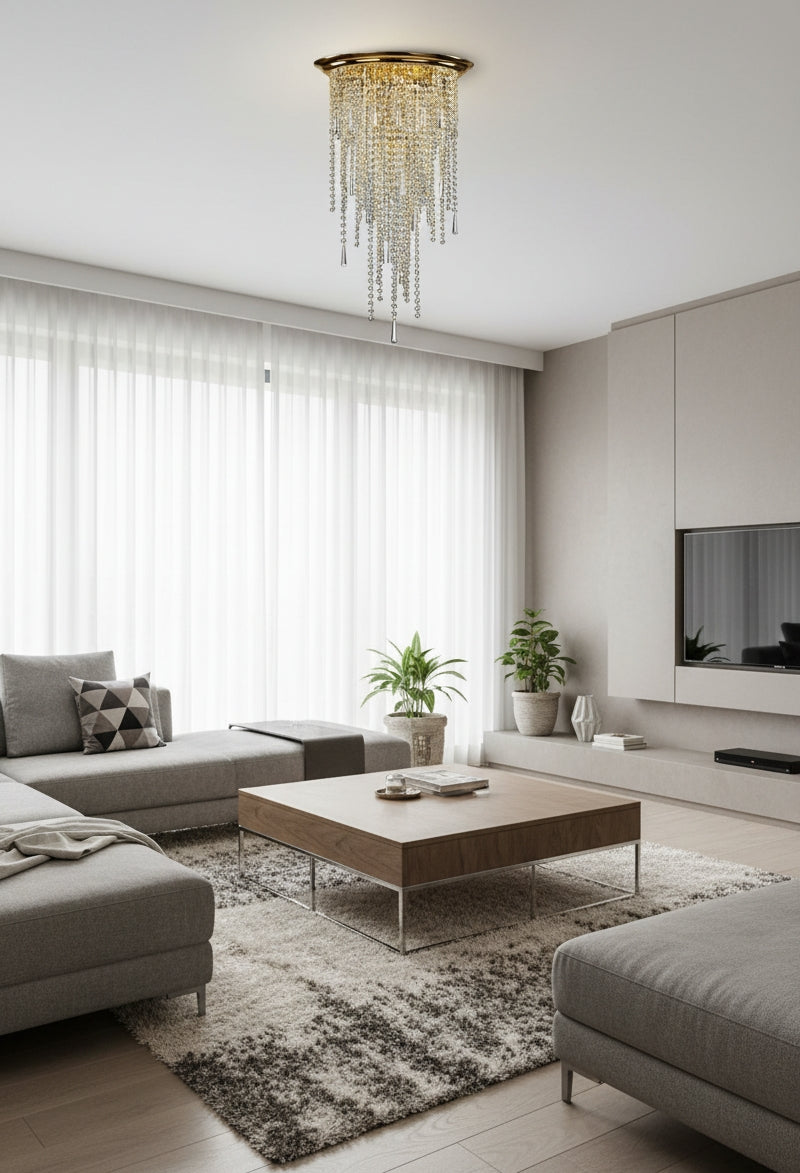Ambiance salon contemporain gris, suspension cristal au-dessus d'une table basse en bois