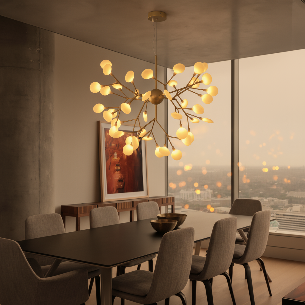 Suspension luminaire arbre doré allumée au-dessus d'une table à manger, ambiance chaleureuse – Designix.fr