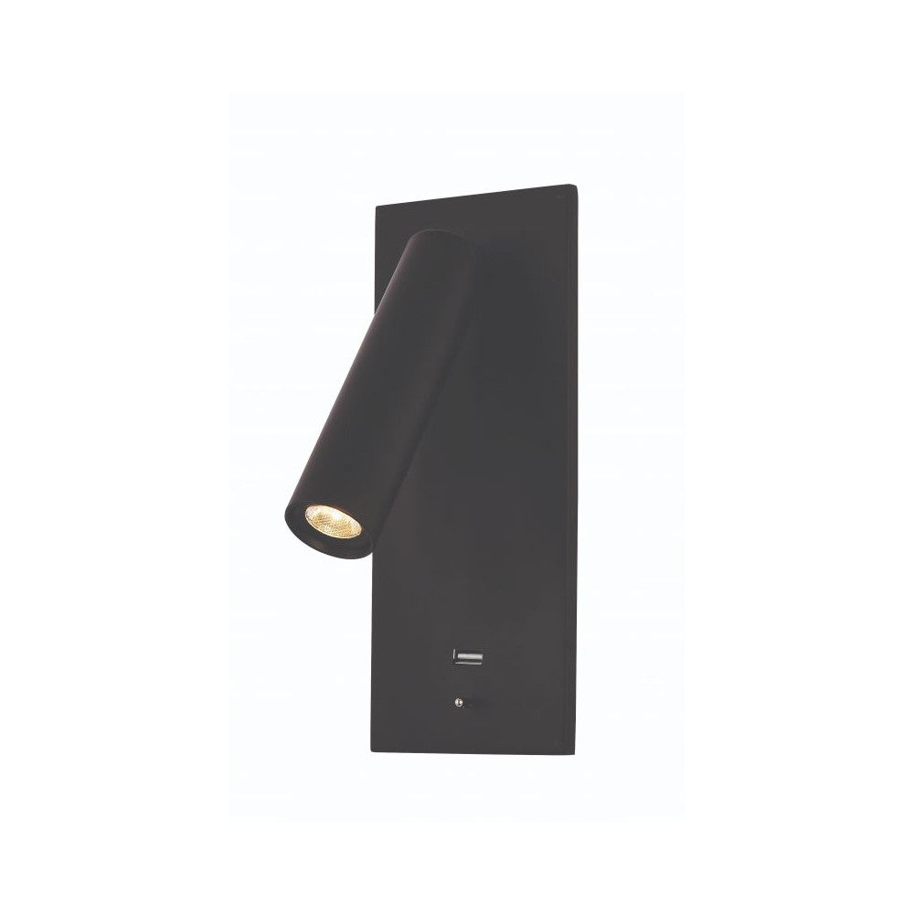 Vue produit de l'applique noire mate avec tête cylindrique inclinée et port USB.