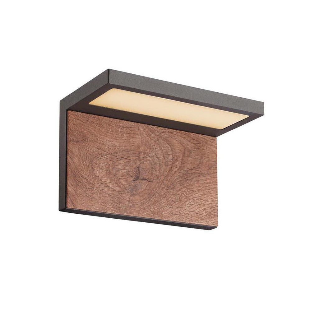 Applique extérieure rectangulaire en graphite avec façade en bois et diffuseur lumineux.