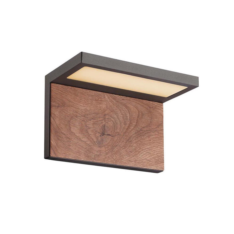 Applique extérieure rectangulaire en graphite avec façade en bois et diffuseur lumineux.