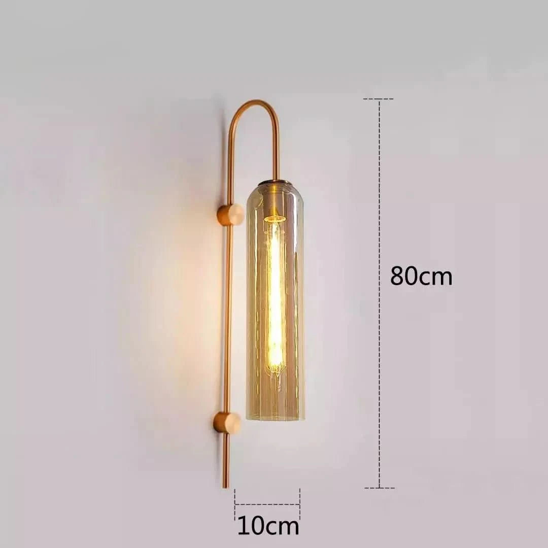 Schéma de dimensions : applique murale dorée, verre ambré, hauteur 80 cm, largeur 10 cm