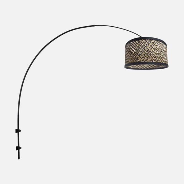 Adjustable arched wall lamp, black & beige woven bamboo lampshade | Sparkled