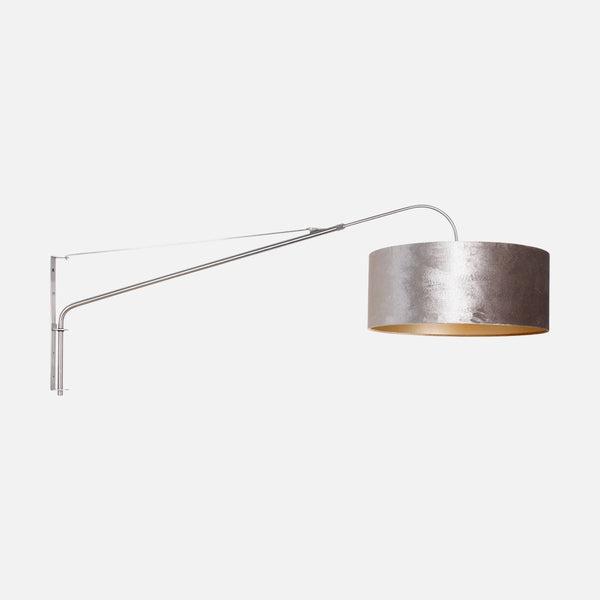 Grey velvet lampshade wall light, large adjustable steel arm Ø 50 cm | Velora