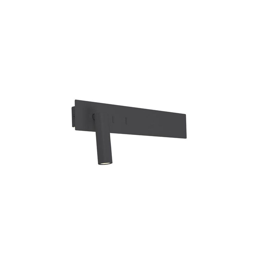Vue de trois quarts du luminaire mural noir mat avec bras cylindrique incliné.