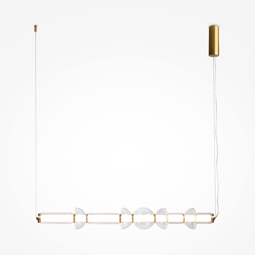Suspension dorée de face sur fond blanc, long tube horizontal et disques de verre