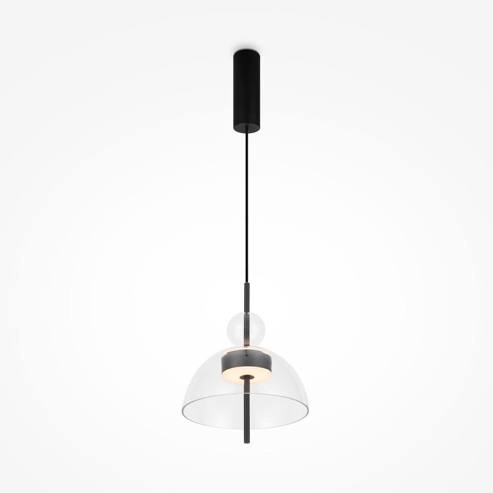 Suspension vue de face, coupole en verre transparent et sphère surmontée d'une tige noire