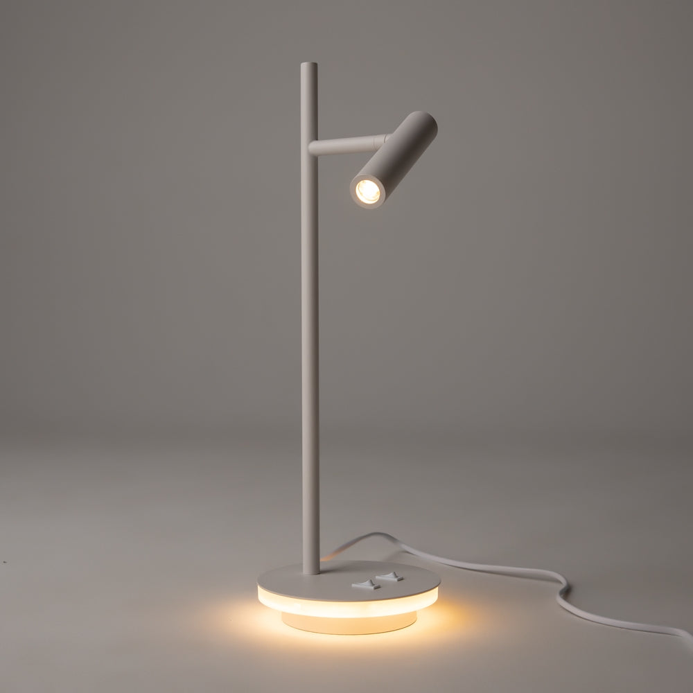 Vue en pied avec tête orientable éclairée, ambiance tamisée et câble visible