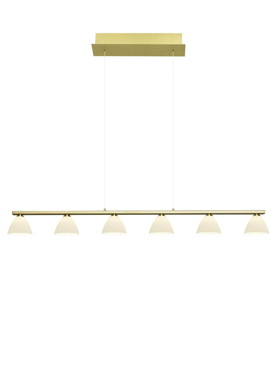 Vue de face du luminaire, barre horizontale et six diffuseurs opalins régulièrement espacés
