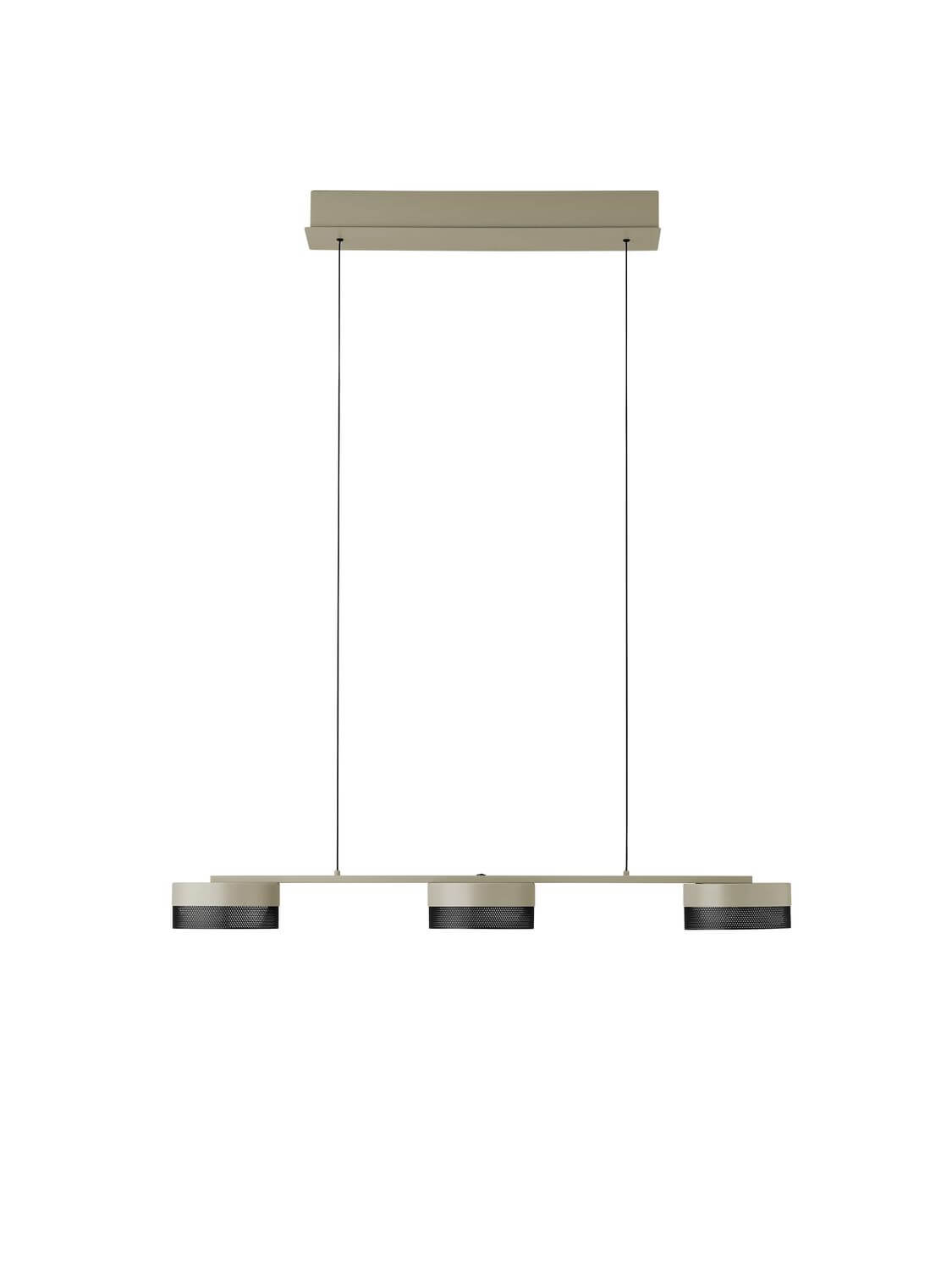 Vue de face du luminaire suspendu avec trois abat-jours cylindriques alignés sur une barre.