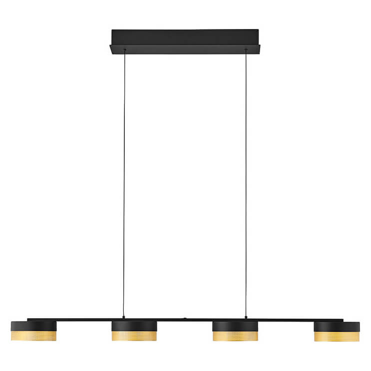 Vue de face d'une suspension linéaire noire avec quatre abat-jours dorés en mesh.