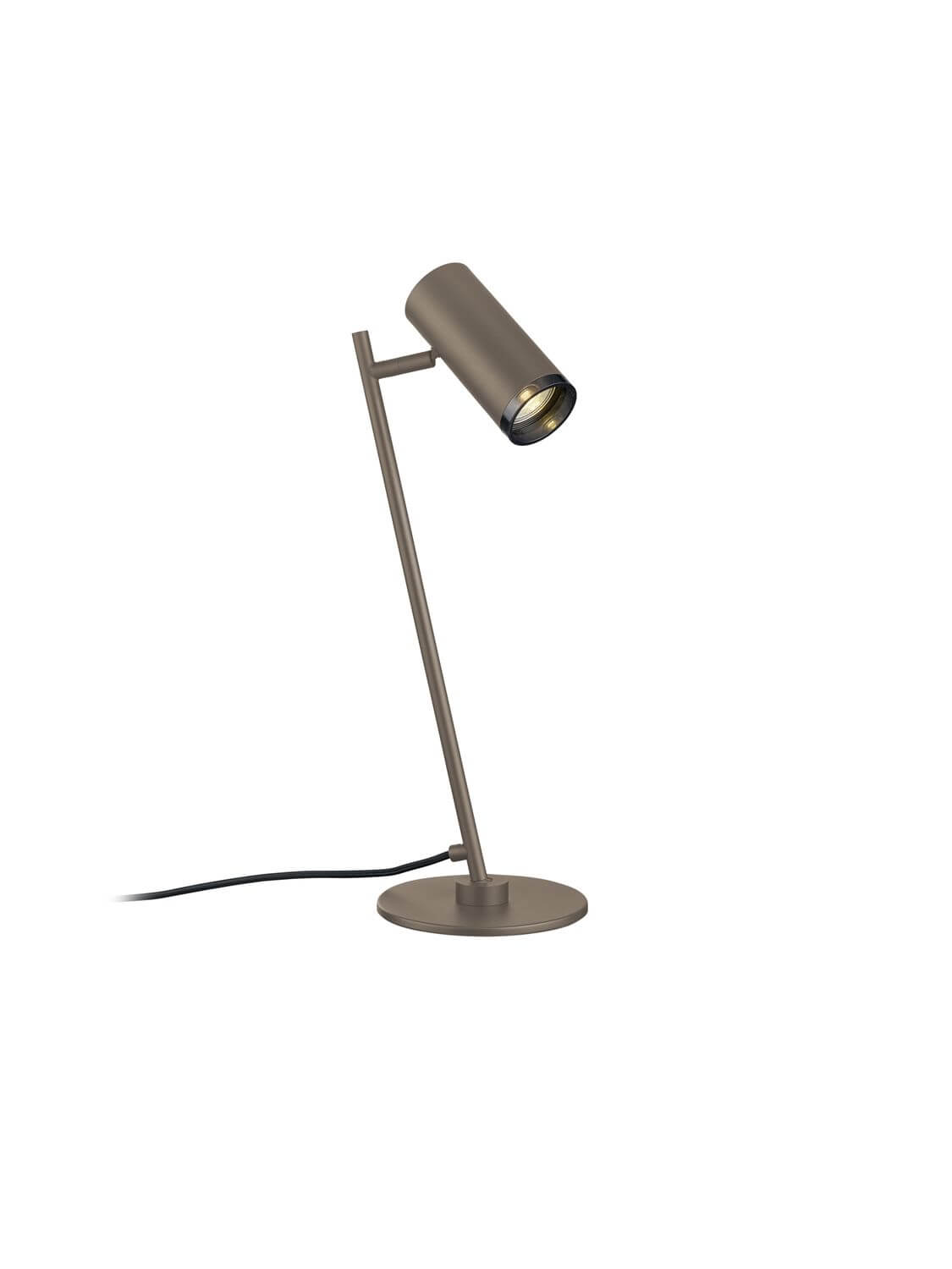 Lampe à poser taupe vue de trois quarts, tête cylindrique orientable vers le bas.
