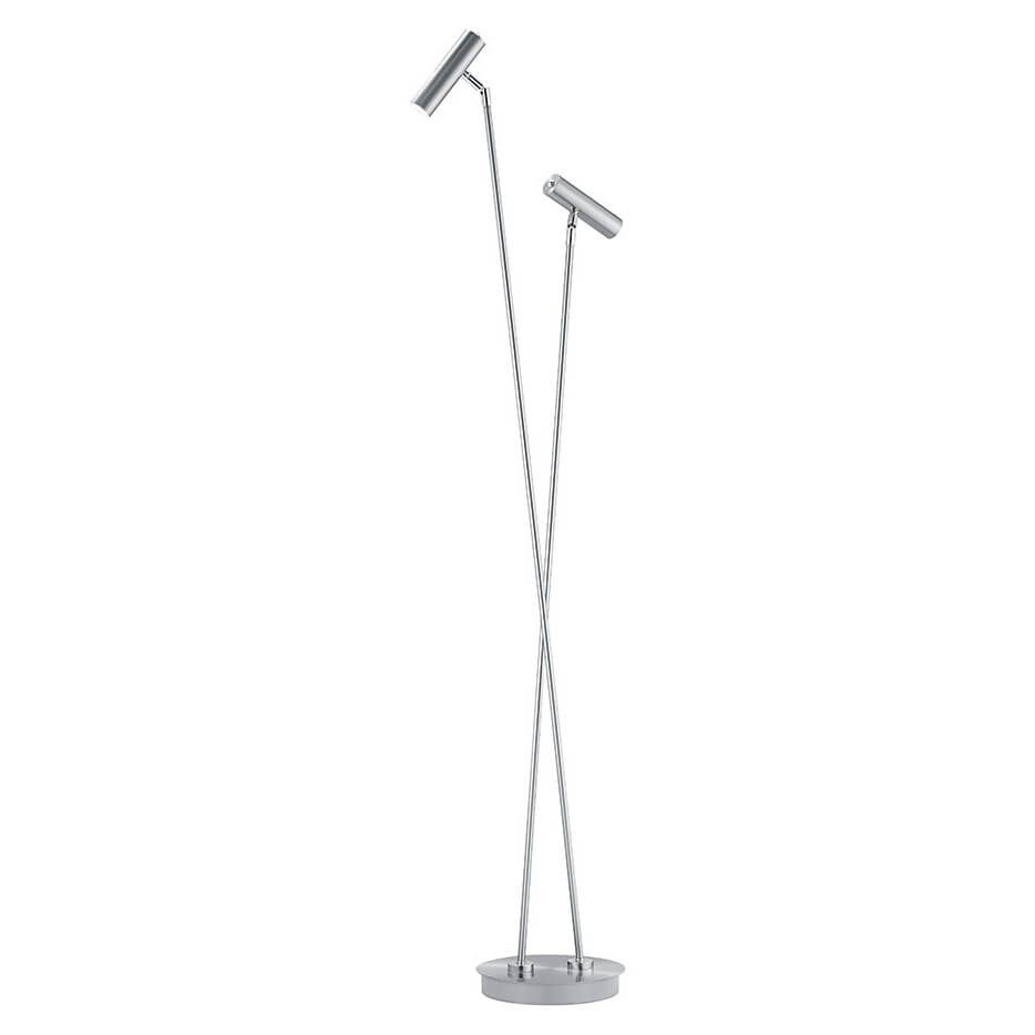 Lampadaire double chrome vu de face, deux tiges fines croisées et têtes cylindriques