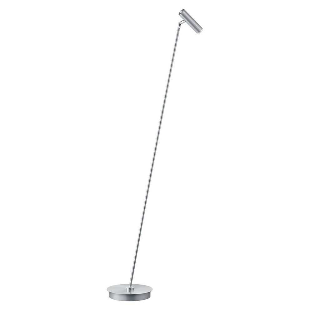 Lampadaire nickel satiné vu de face, tige inclinée et projecteur cylindrique orientable