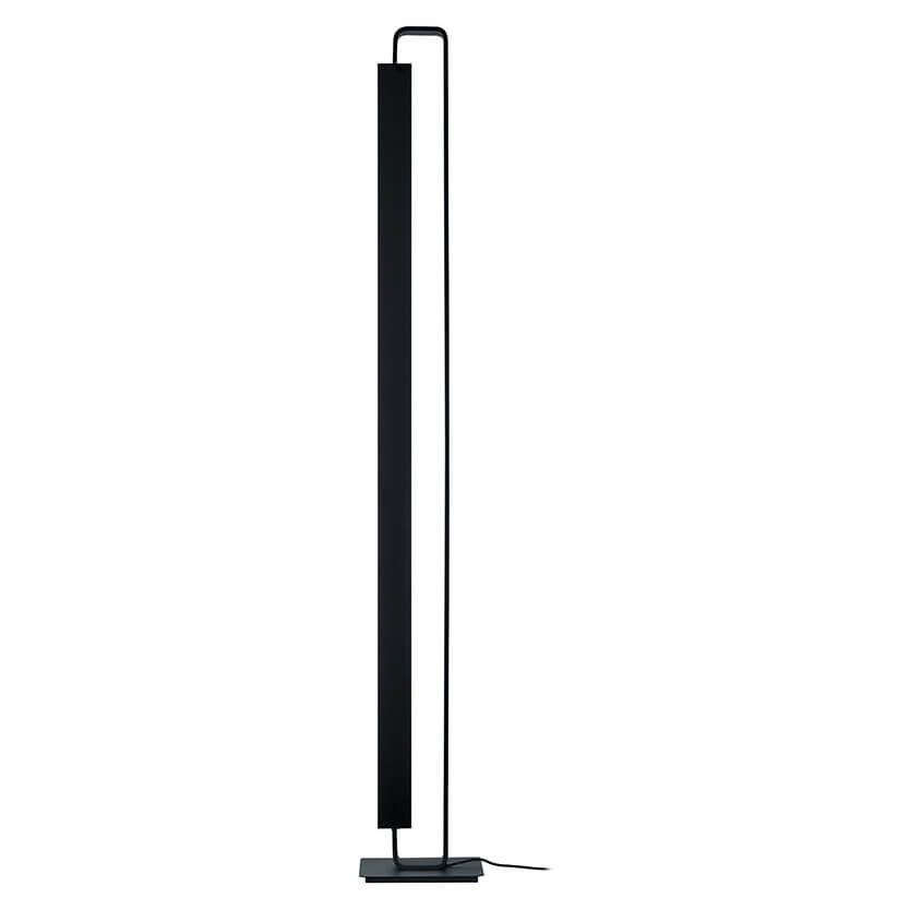 Lampadaire noir vu de face, long tube lumineux vertical dans un cadre fin