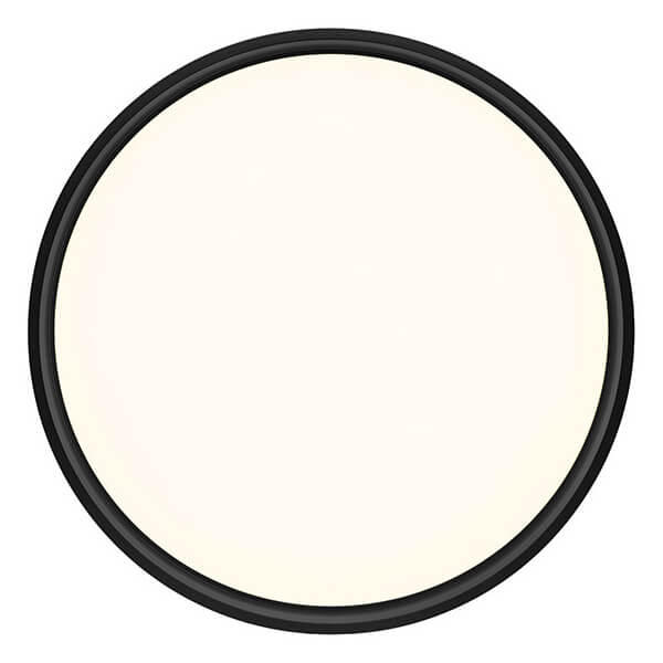 Vue de face du plafonnier rond avec cerclage noir et diffuseur blanc