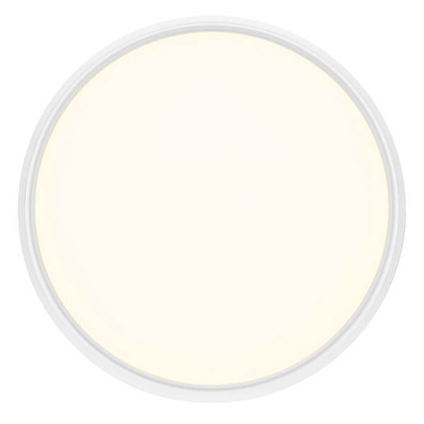 Plafonnier rond blanc vu de face, diffuseur lumineux allumé, contour fin blanc