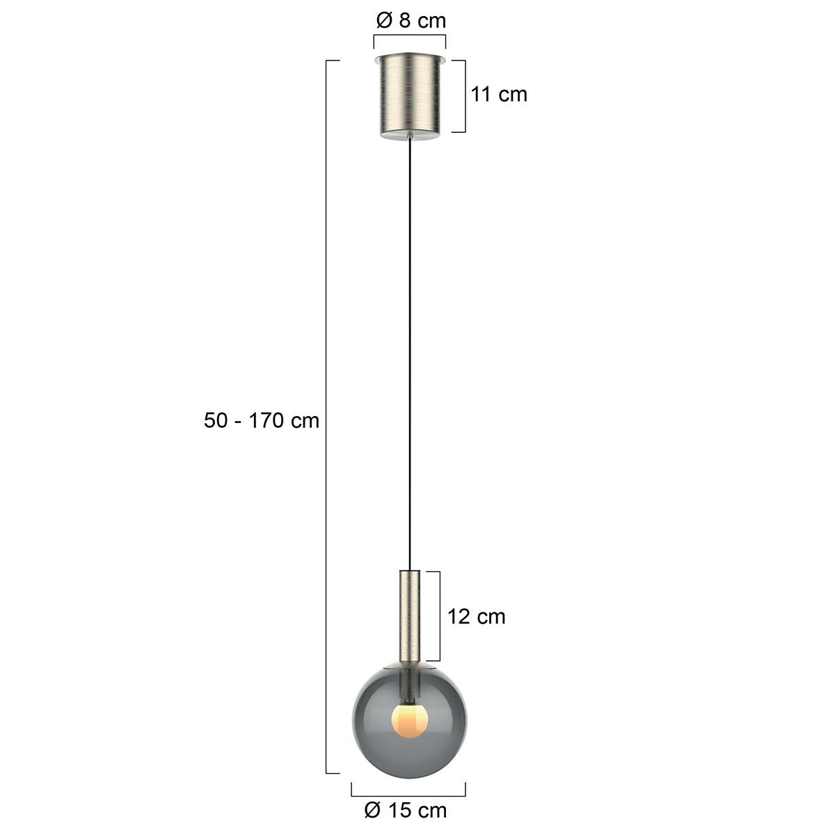 Schéma de dimensions indiquant diamètre, hauteur du support et longueur réglable.