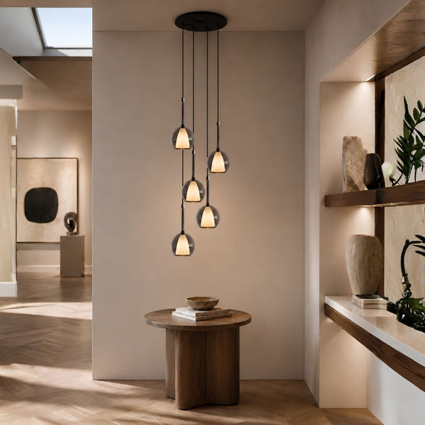 Suspension grande hauteur Belluna 5 lumières, rosace Ø 60 cm