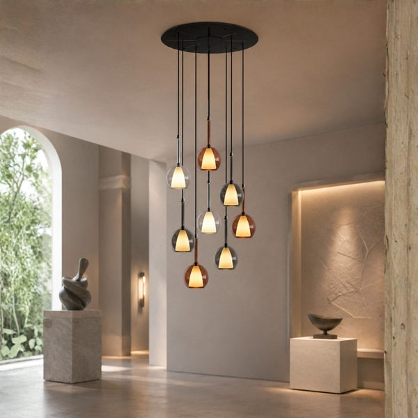 Suspension grande hauteur Belluna 8 lumières, rosace Ø 80 cm