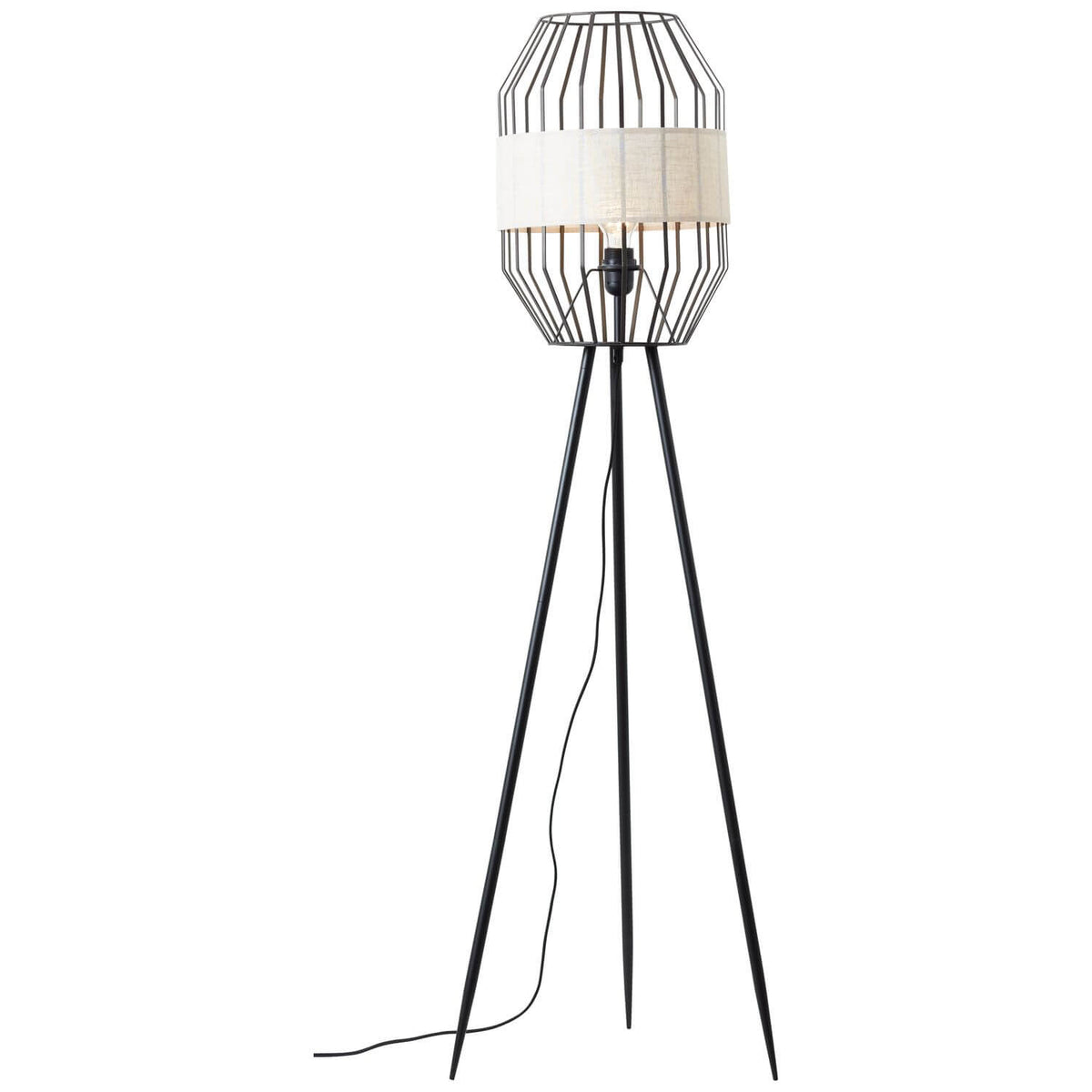 Lampadaire tripode noir vu de face sur fond blanc, cordon au sol