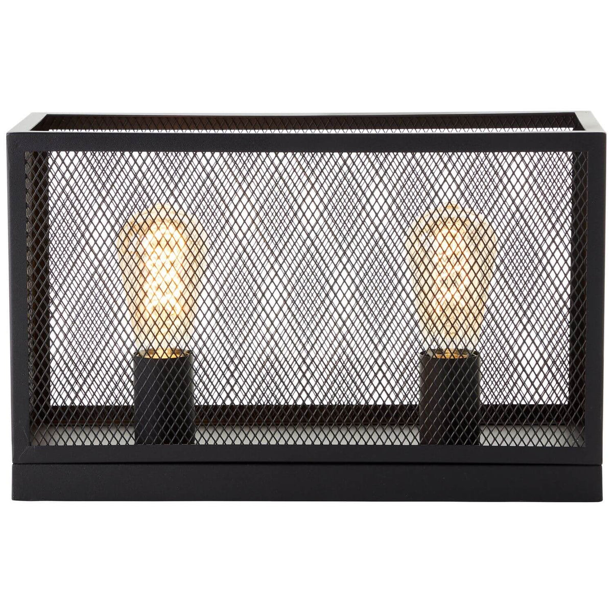 Vue de face de la lampe à poser rectangulaire en métal noir avec deux ampoules.