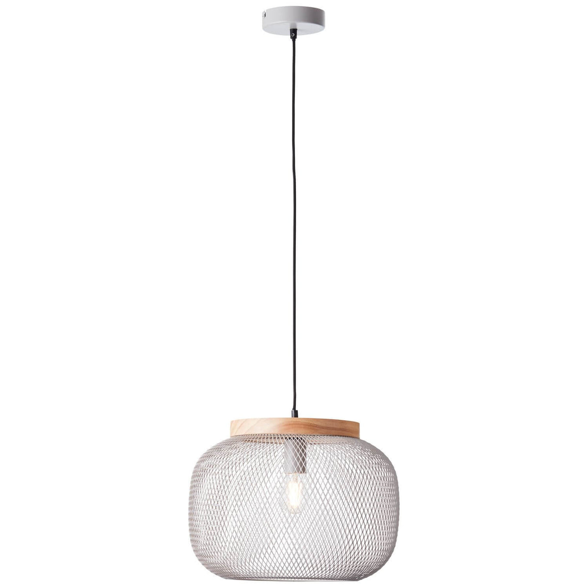 Suspension vue de face sur fond blanc, abat-jour cylindrique en maille métallique grise