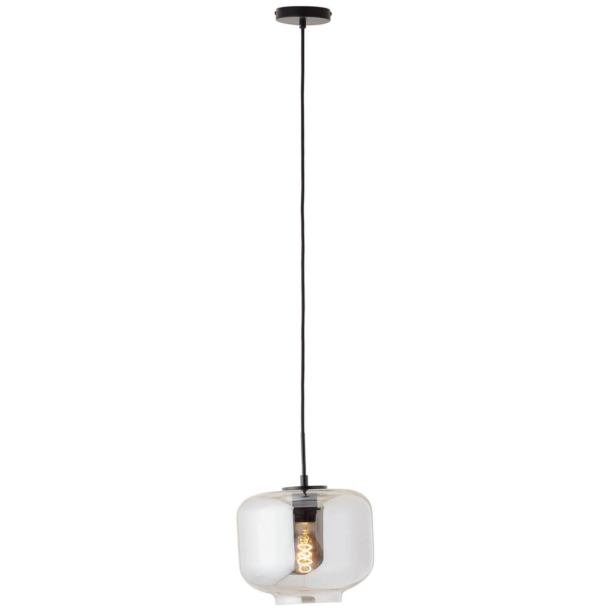 Suspension en verre fumé sur fond blanc, vue de face avec ampoule allumée