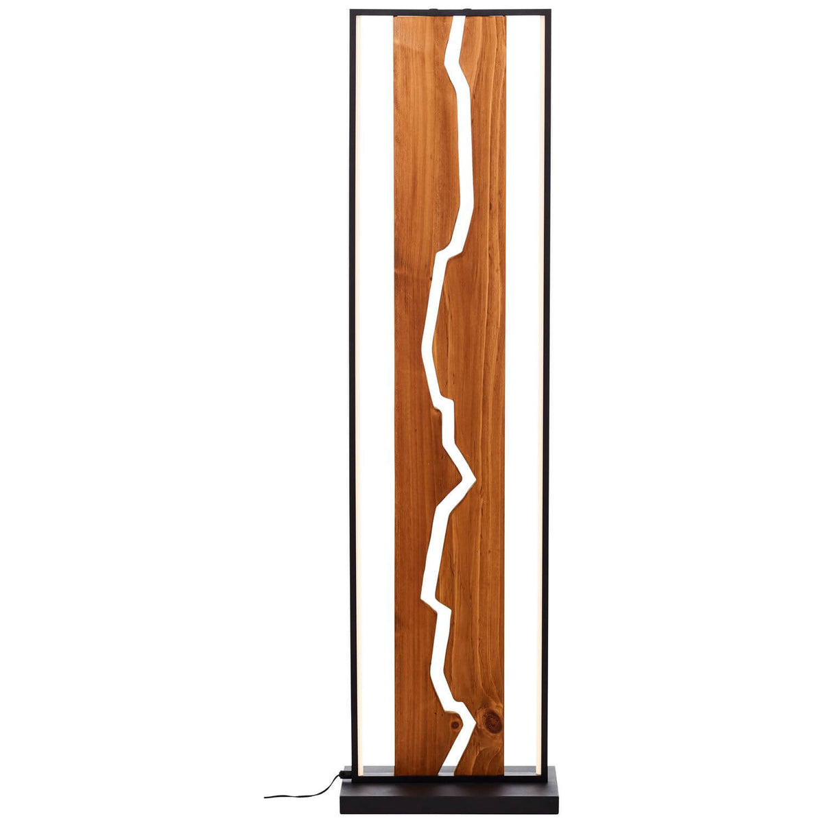 Lampadaire rectangulaire de face, bois clair fendu et cadre métal noir mat