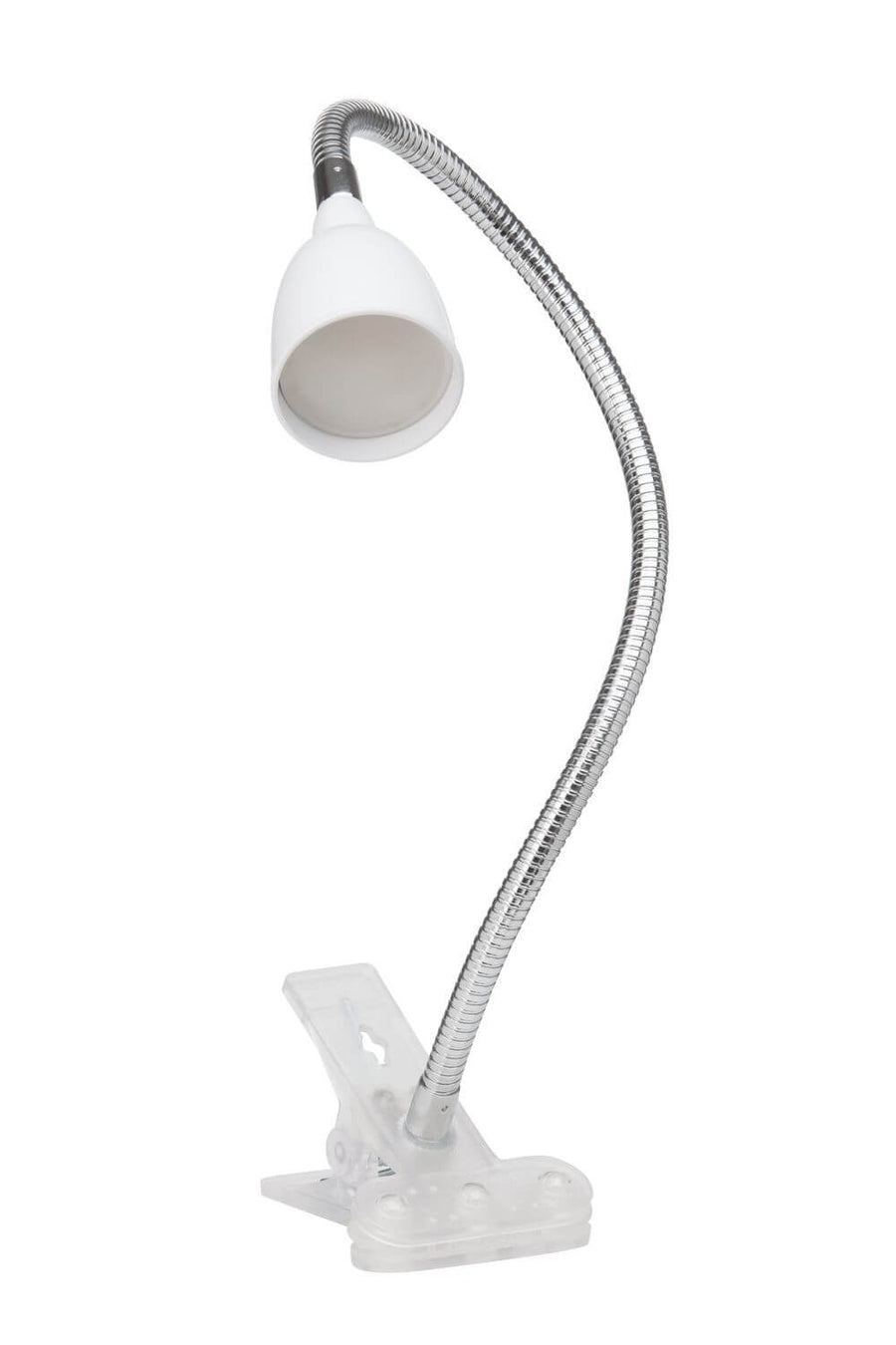 Détail de la lampe à pince blanche, flexible chromé et tête conique orientable sur fond clair.