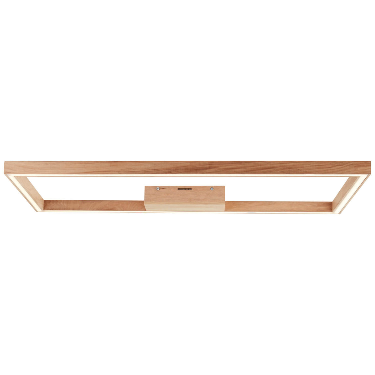 Vue de face du plafonnier rectangulaire en bois clair avec éclairage LED intégré