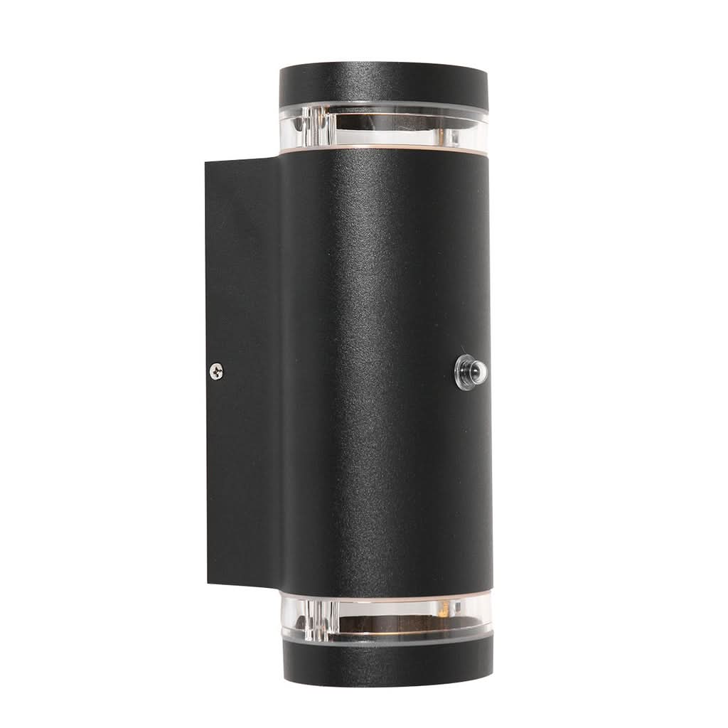 Vue de face du luminaire mural noir cylindrique avec support latéral et capteur.