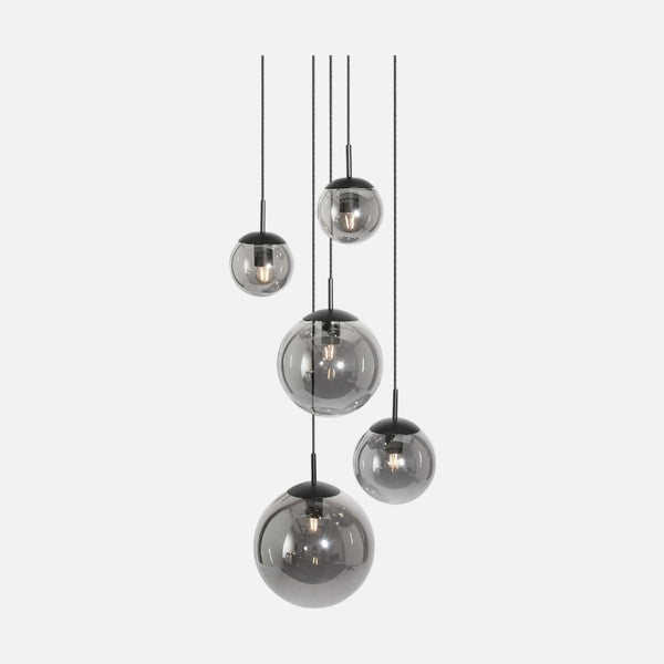 Black smoked glass 5-globe pendant light, open & high ceiling Ø60 | Bollia